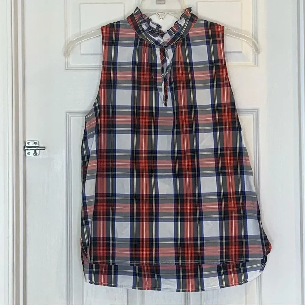 J. Crew Ruffle Plaid Sleeveless Mock Turtleneck Top Size 8